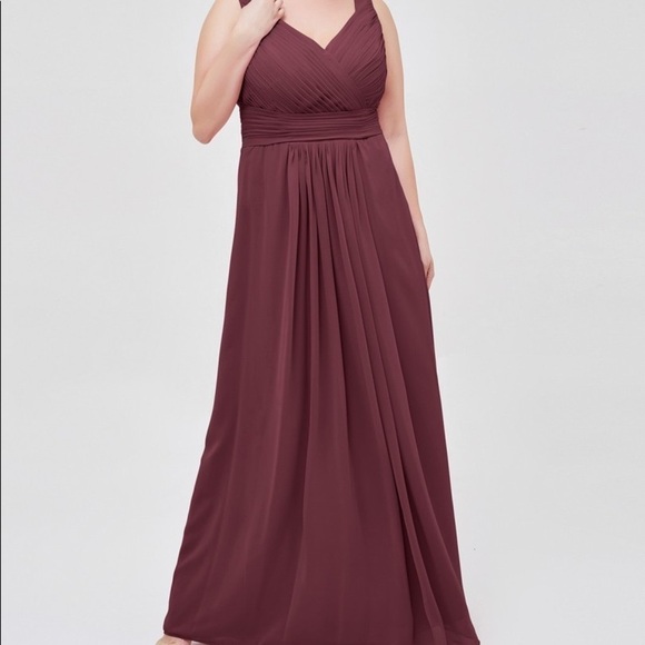 Babaroni Camille V-neck Full Length Chiffon Dress with Pleated Bodice Cabernet - Picture 1 of 6